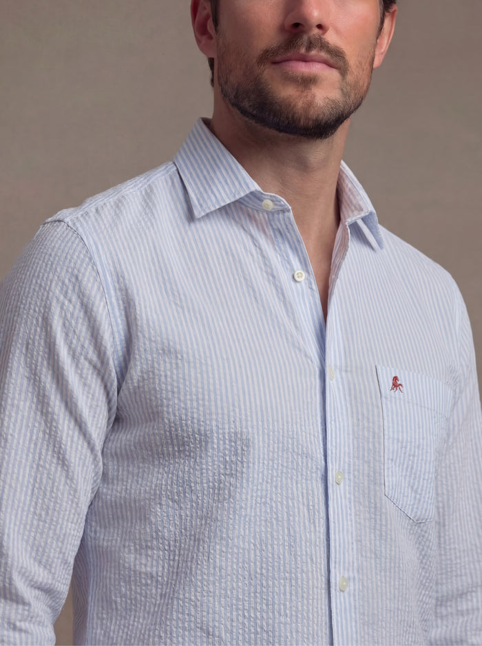 Pasman Seersucker Sky Striped Full Sleeve Tailored Fit Casual Cotton Shirt