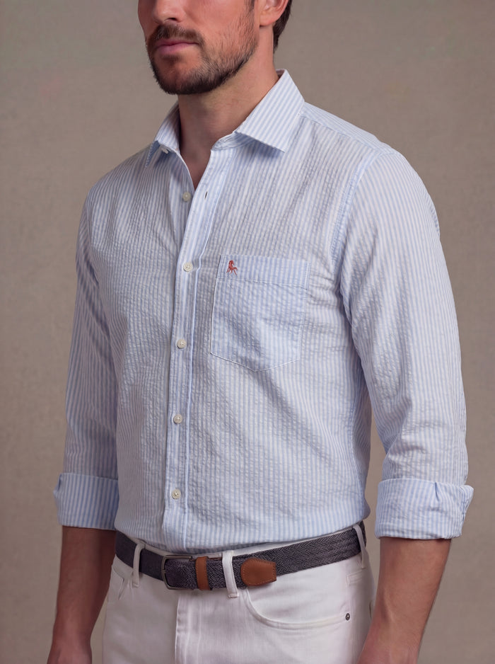 Pasman Seersucker Sky Striped Full Sleeve Tailored Fit Casual Cotton Shirt