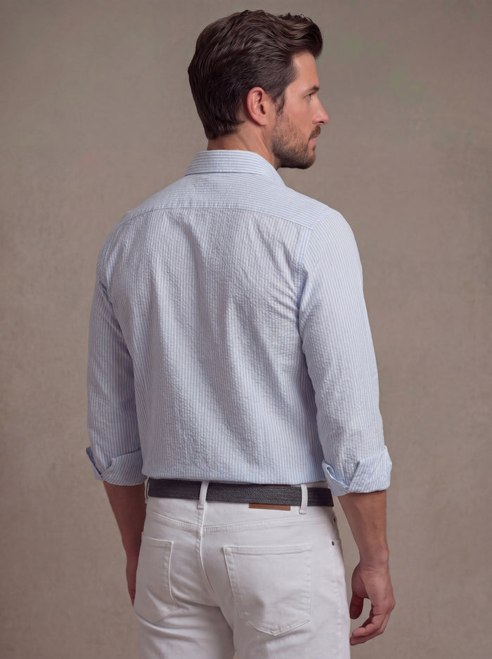 Pasman Seersucker Sky Striped Full Sleeve Tailored Fit Casual Cotton Shirt