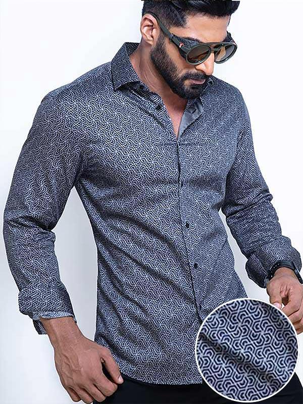 Paul Cobalt Printed Full Sleeve Single Cuff Slim Fit Party Wear Blended Shirt