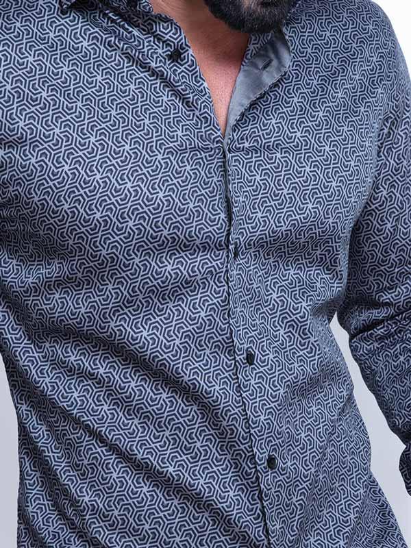 Paul Cobalt Printed Full Sleeve Single Cuff Slim Fit Party Wear Blended Shirt