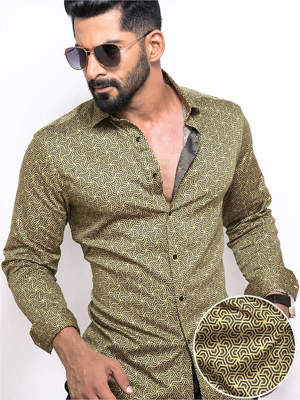 Paul Ochre Printed Full Sleeve Single Cuff Slim Fit Party Wear Blended Shirt