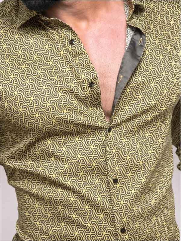 Paul Ochre Printed Full Sleeve Single Cuff Slim Fit Party Wear Blended Shirt