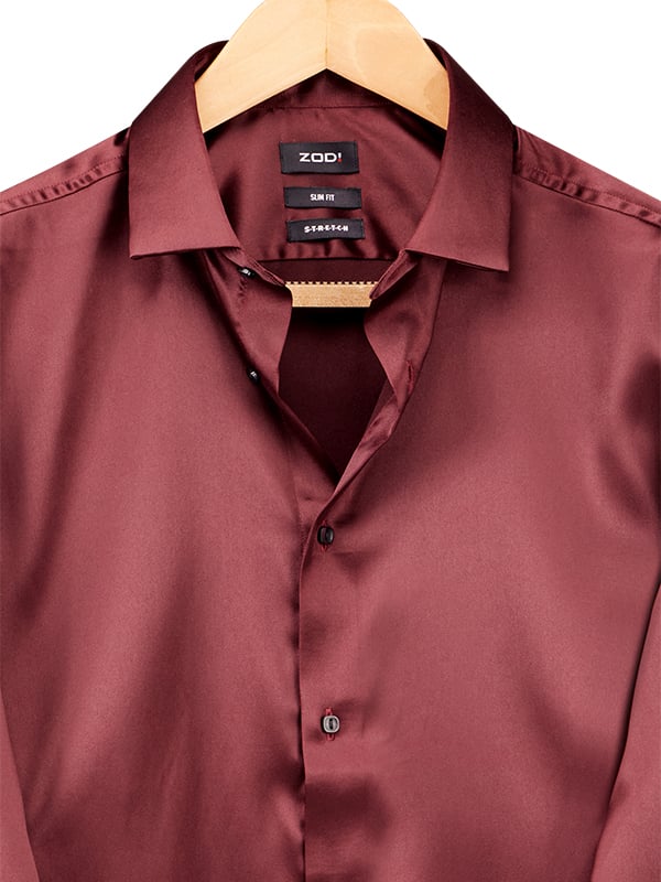 Perez Burgundy High Gloss Satin Stretch Solid Full Sleeve Single Cuff Slim Fit Party Wear Blended Shirt