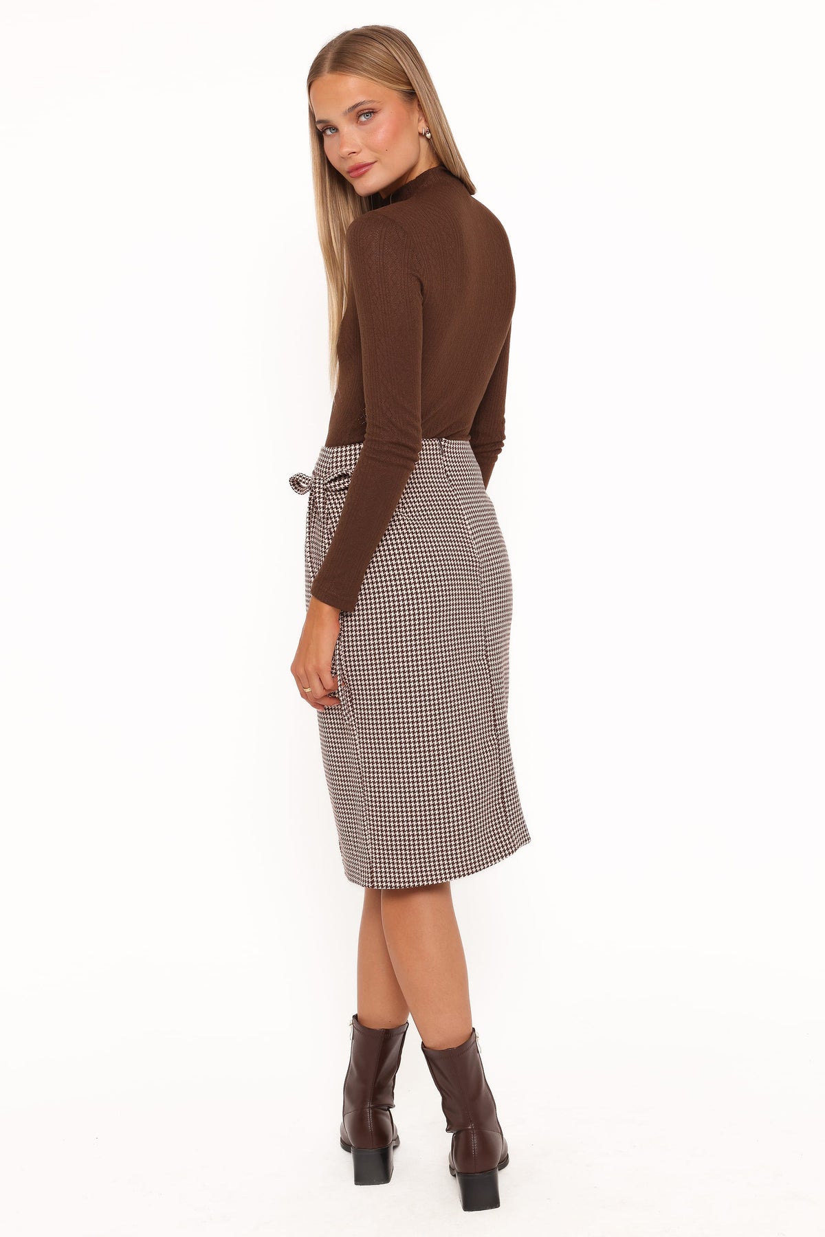 Ariela Wrap Front Midi Skirt - Brown Houndstooth