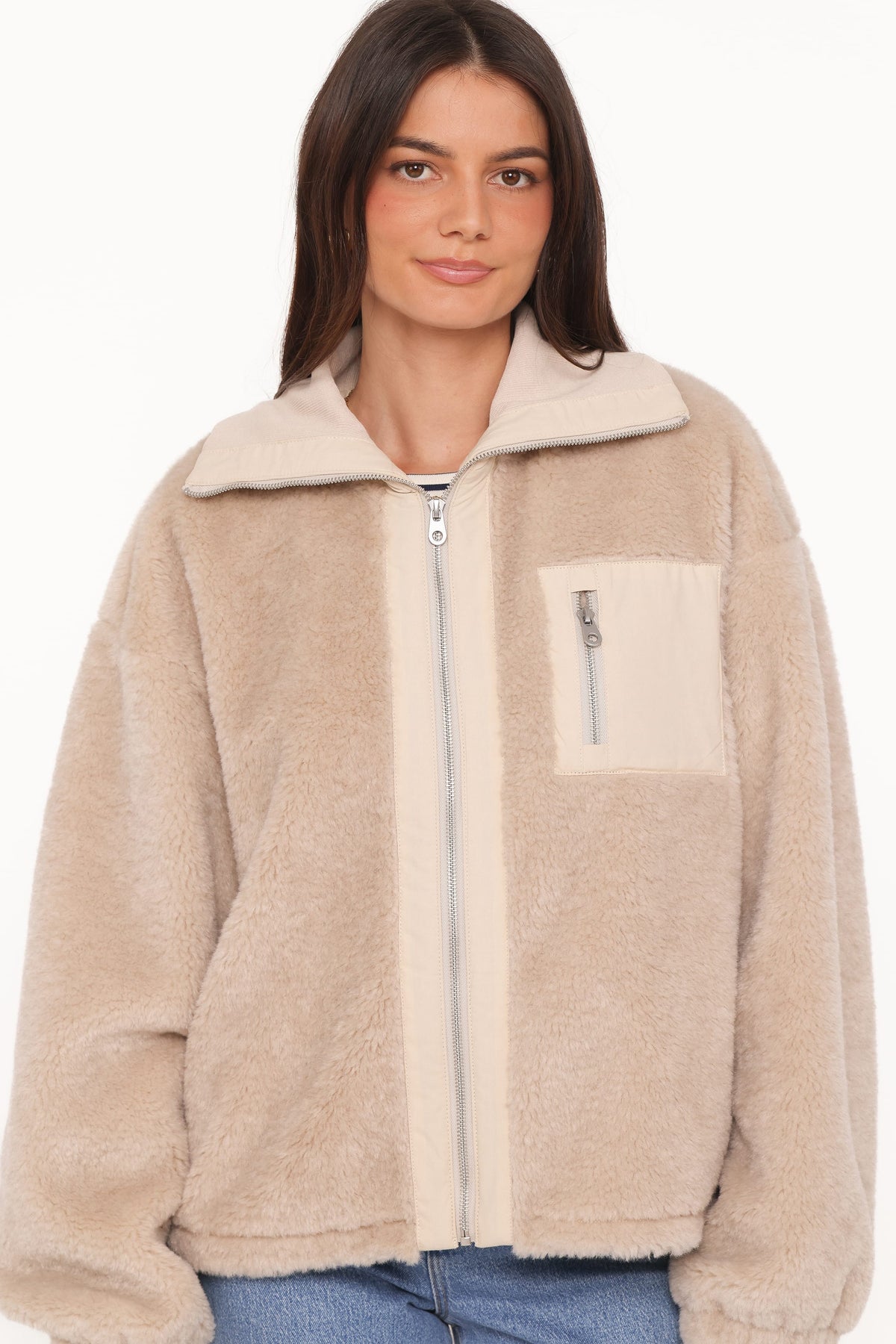 Branda Sherpa Zip Up Jacket - Beige