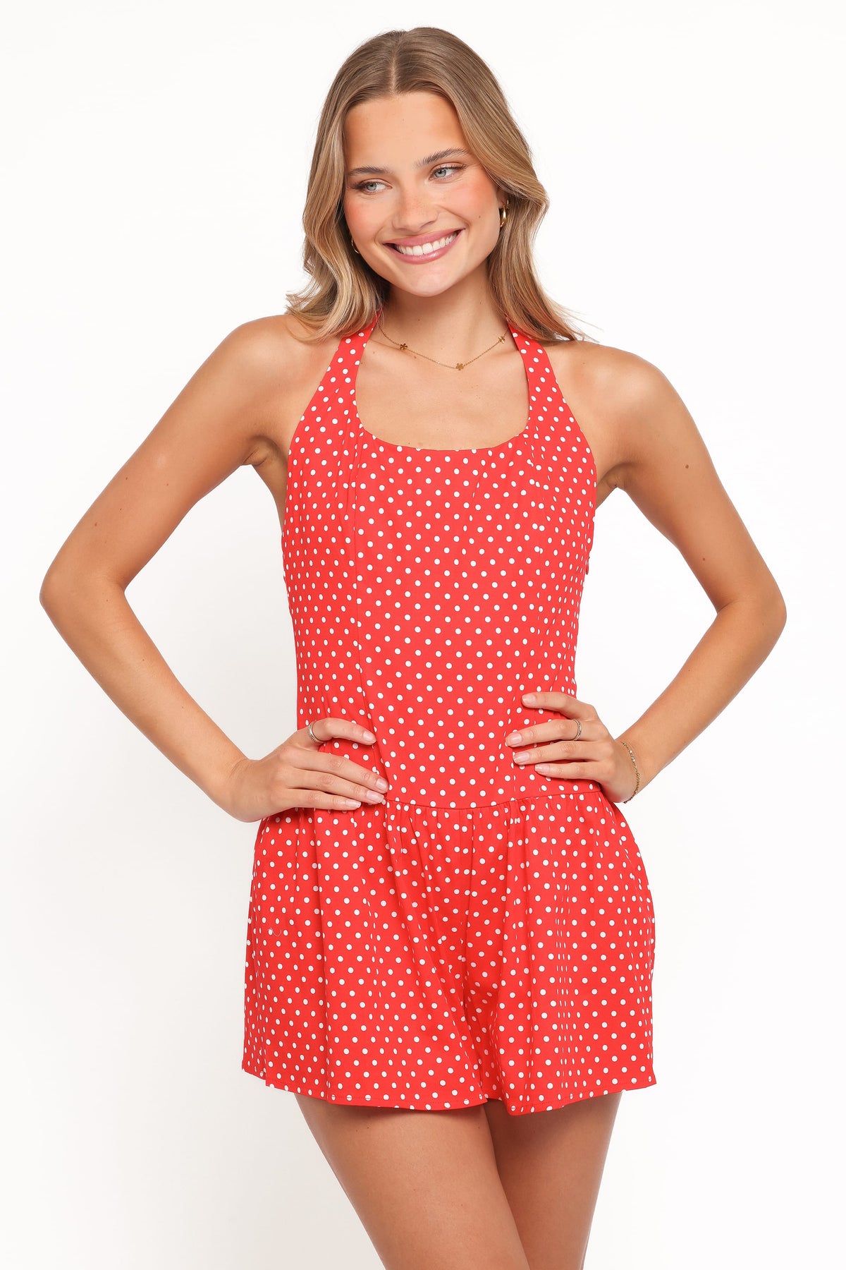 Briella Halter Neck Playsuit - Red White Polka Dot