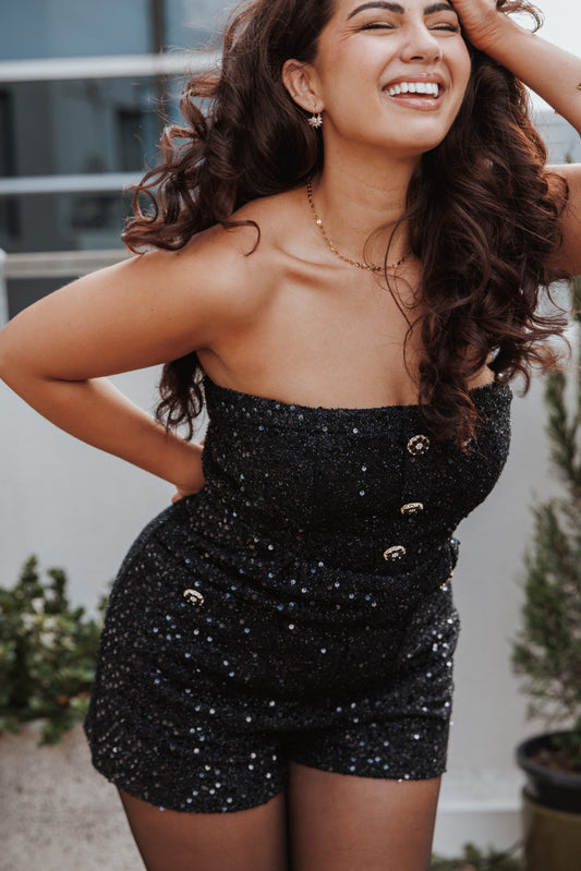 Madeline Strapless Tweed Romper - Black