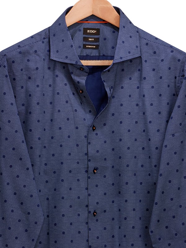 Ramos Navy Printed Full Sleeve Single Cuff Slim Fit Party Wear Blended Shirt