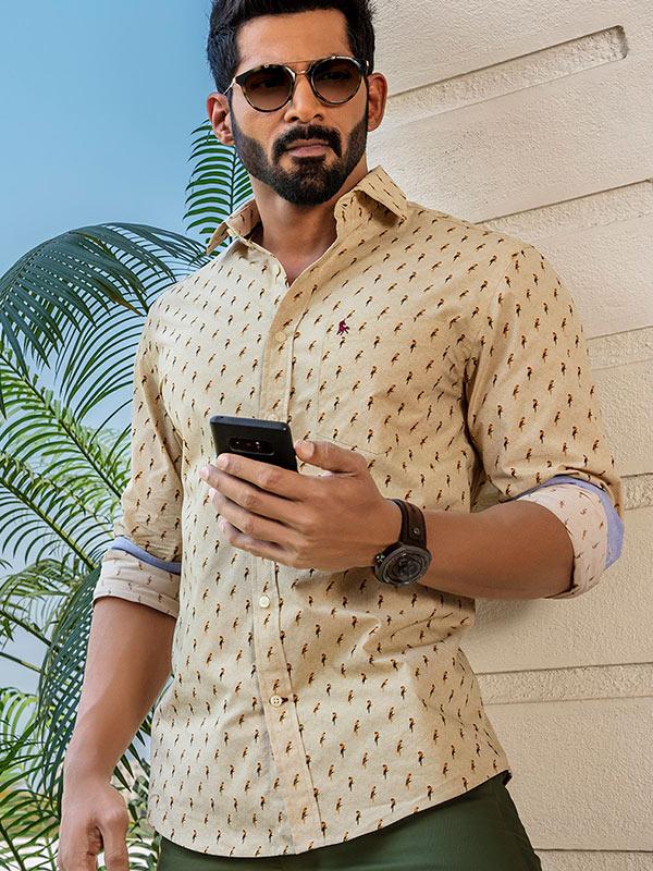 Rio Cream Printed Full sleeve single cuff   Cotton Shirt