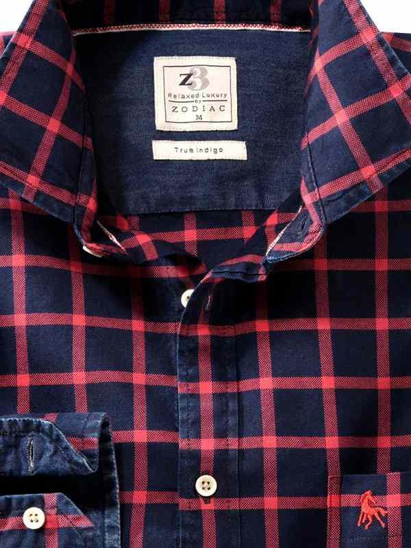 Robert Indigo Red Check Full sleeve single cuff   Cotton Shirt