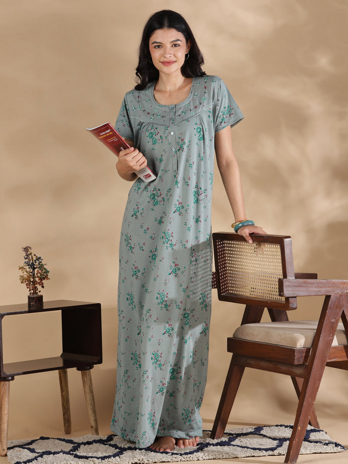Sage floral cotton blend nighty dress for women online