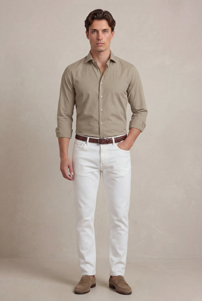 Sainz Beige Tecnho 4 Way Stretch Solid Full Sleeve Single Cuff Slim Fit Party Wear Blended Shirt