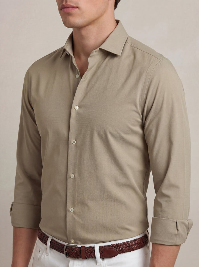 Sainz Beige Tecnho 4 Way Stretch Solid Full Sleeve Single Cuff Slim Fit Party Wear Blended Shirt
