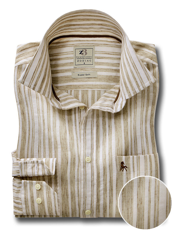 Scheffler Beige Striped Full Sleeve Tailored Fit Casual Blended Shirt