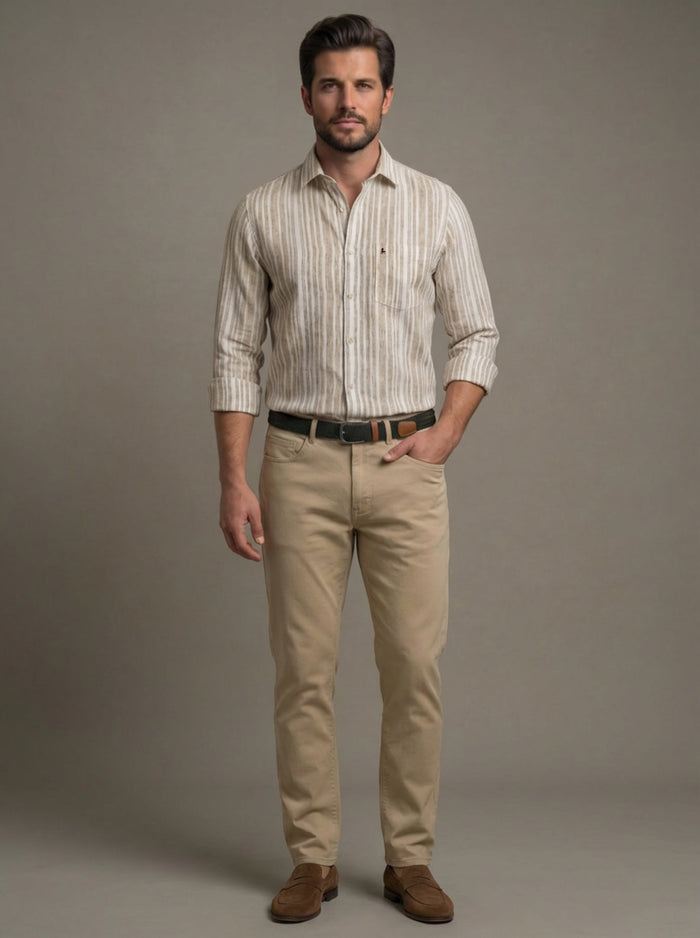 Scheffler Beige Striped Full Sleeve Tailored Fit Casual Blended Shirt