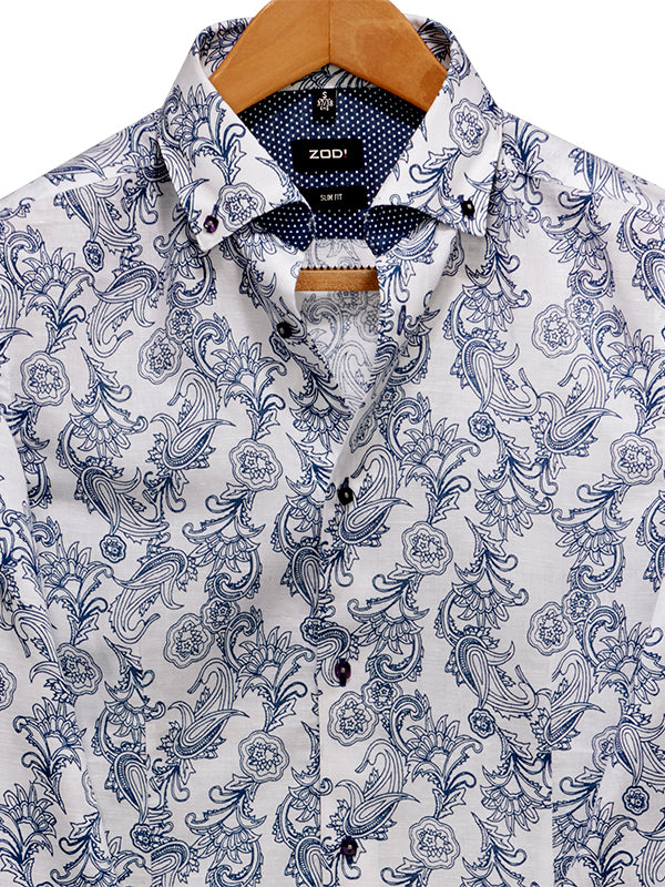Sea Breeze Blue Printed Full Sleeve Single Cuff Slim Fit Party Wear Blended Shirt
