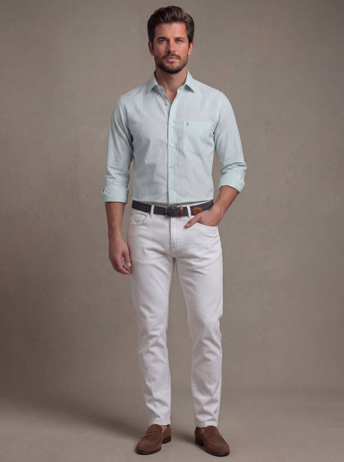 Silba Oxford Mint Striped Full Sleeve Tailored Fit Casual Cotton Shirt