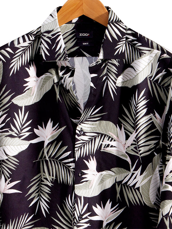 Silvano Black Printed Full Sleeve Single Cuff Slim Fit Party Wear Viscose Shirt