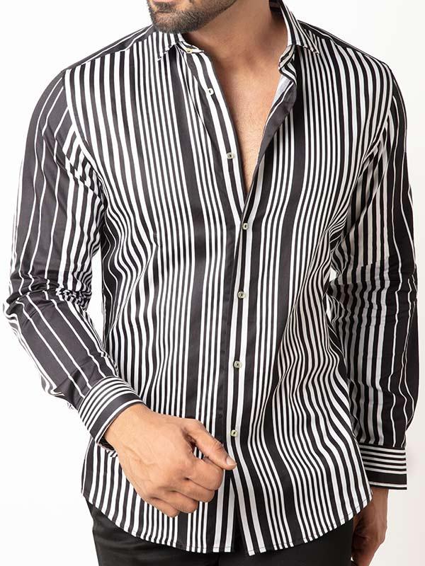 Sinaloa Black Striped Full Sleeve Single Cuff Slim Fit Party Wear Cotton Shirt
