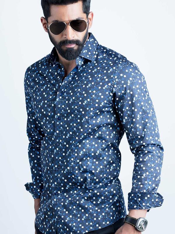 Solomon Cobalt Printed Full Sleeve Single Cuff Slim Fit Party Wear Blended Shirt