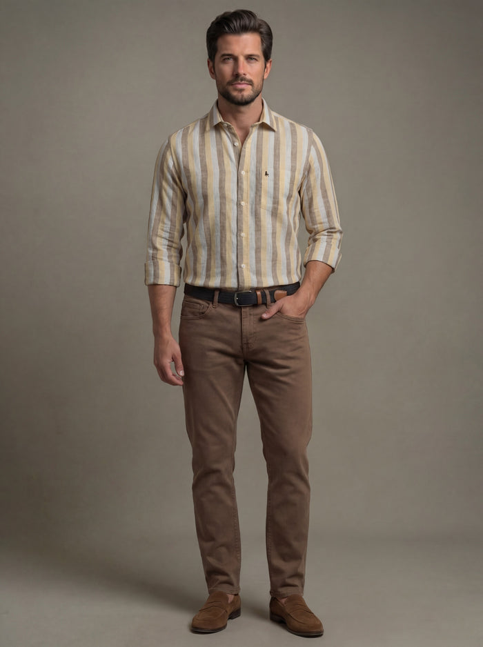 Solta Slub Yellow Striped Full Sleeve Tailored Fit Casual Cotton Shirt