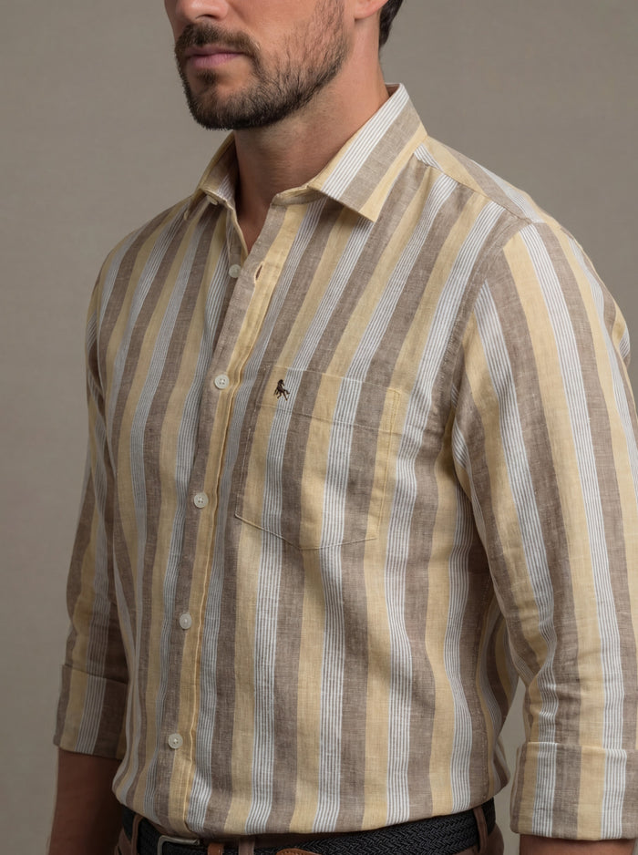 Solta Slub Yellow Striped Full Sleeve Tailored Fit Casual Cotton Shirt