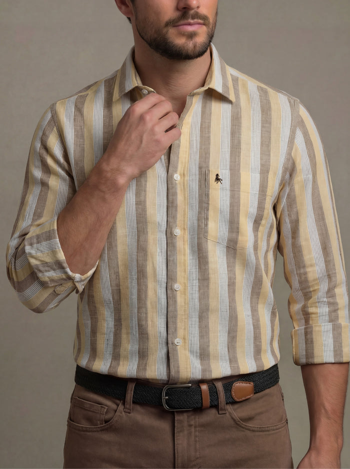 Solta Slub Yellow Striped Full Sleeve Tailored Fit Casual Cotton Shirt