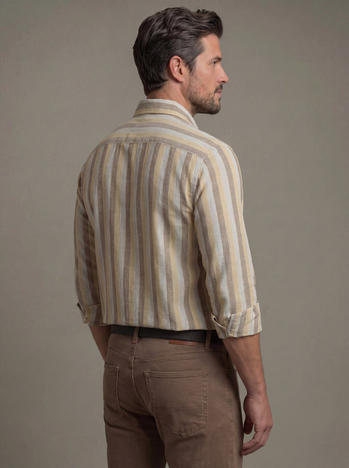 Solta Slub Yellow Striped Full Sleeve Tailored Fit Casual Cotton Shirt
