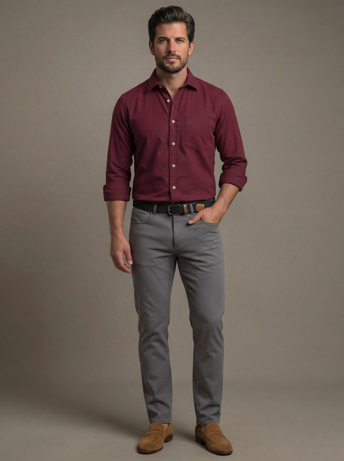 Starka Dobby Garment Dyed Maroon Full Sleeve Tailored Fit Casual Cotton Shirt