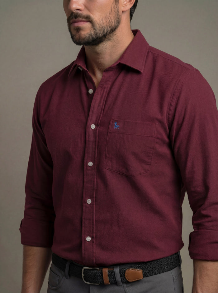 Starka Dobby Garment Dyed Maroon Full Sleeve Tailored Fit Casual Cotton Shirt