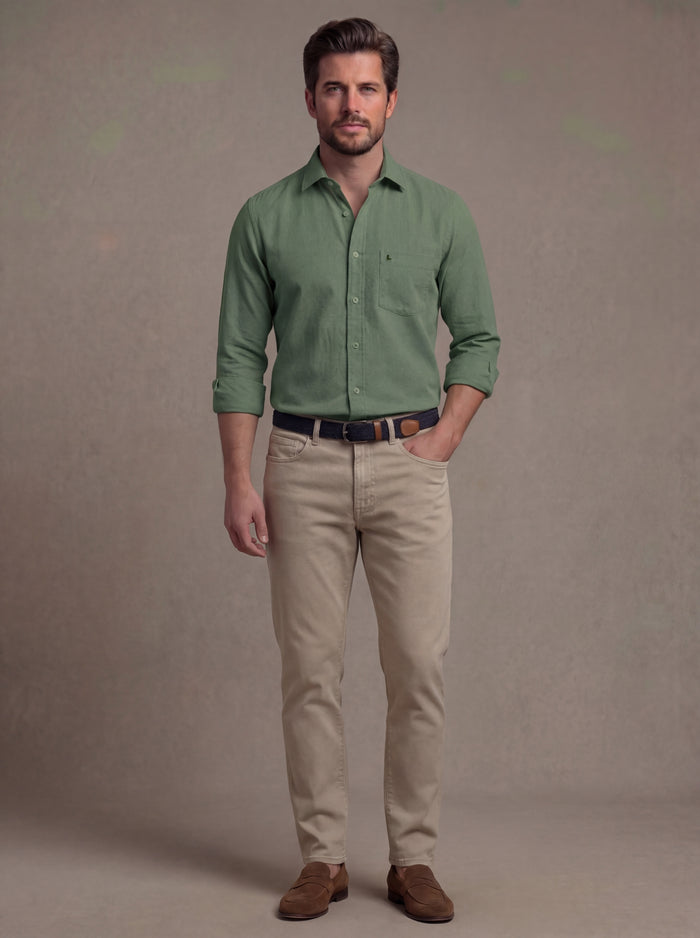 Starka Dobby Garment Dyed Olive Full Sleeve Tailored Fit Casual Cotton Shirt