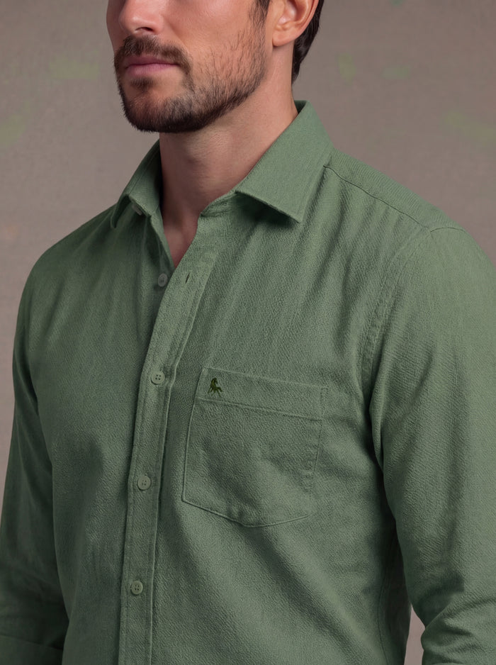 Starka Dobby Garment Dyed Olive Full Sleeve Tailored Fit Casual Cotton Shirt