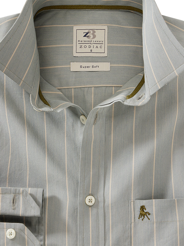 Stefanos Green Striped Full Sleeve Tailored Fit Casual Cotton Shirt