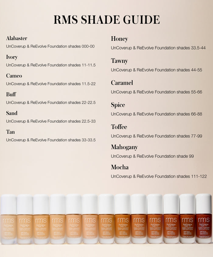 RMS Beauty shade guide displaying a range of foundation tones from Alabaster to Mocha, showing options for clean beauty and natural ingredients with the SunCoverup Super Tint Broad Spectrum SPF 50 Sunscreen.
