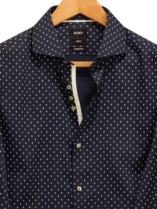 Tevez Navy Printed Full Sleeve Single Cuff Slim Fit Party Wear Blended Shirt