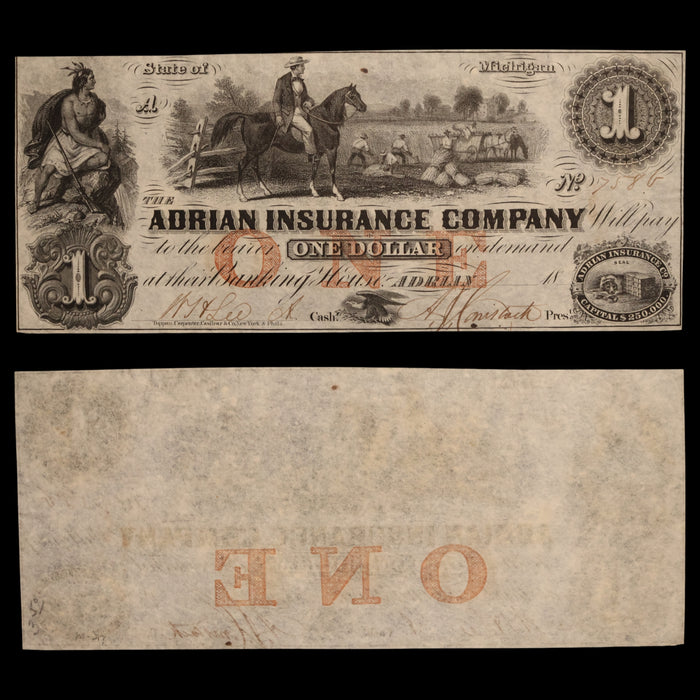 The Adrian Insurance Company, One Dollar Note - 1852 - State of Michigan