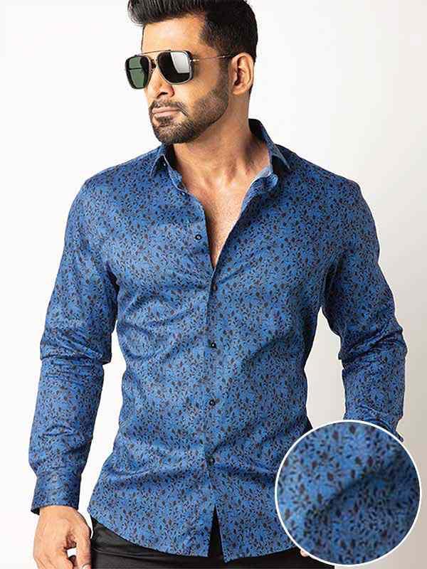 Theon Cobalt Printed Full Sleeve Single Cuff Slim Fit Party Wear Blended Shirt