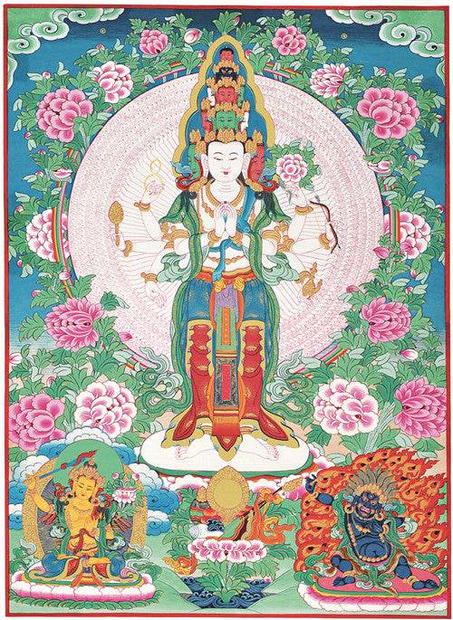 1000 Arms Avalokiteshvara Image - Tibetan thangka painting, front view