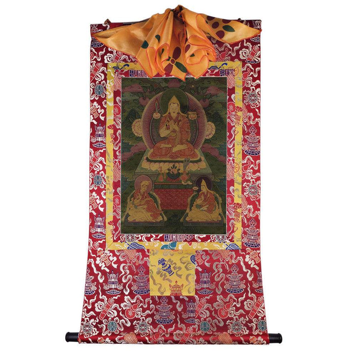 Tsongkhapa and His 2 Disciples - 17th Century - Tibetan thangka painting, detailed view