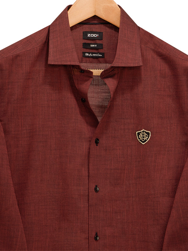 Vanquish Rust Solid Full Sleeve Single Cuff Slim Fit Party Wear Cotton Shirt