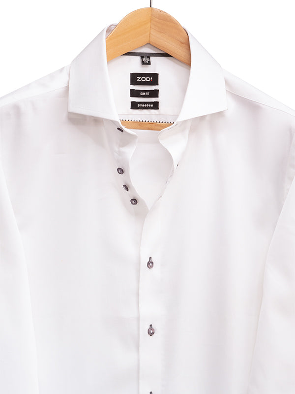 Walberg White Solid Full Sleeve Single Cuff Slim Fit Party Wear Blended Shirt