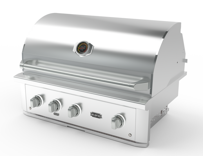 Wildfire Brushed Stainless designer knobs and handle shown fitted to a Ranch Pro grill