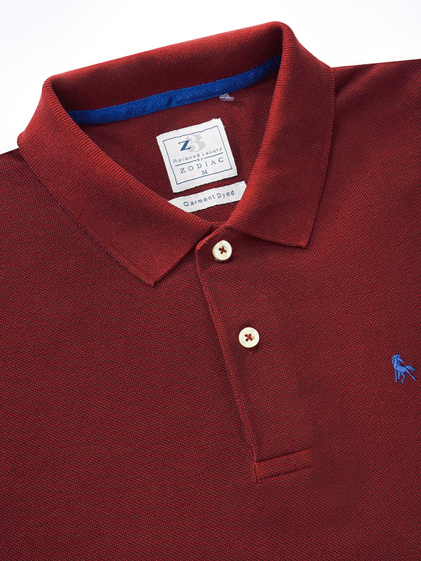 z3 Polo Garment Dyed Maroon Solid Tailored Fit Casual Cotton T-Shirt