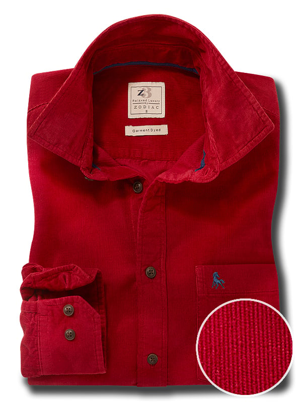 Zermatt Corduroy Garment Dyed Red Full Sleeve Tailored Fit Casual Cotton Shirt