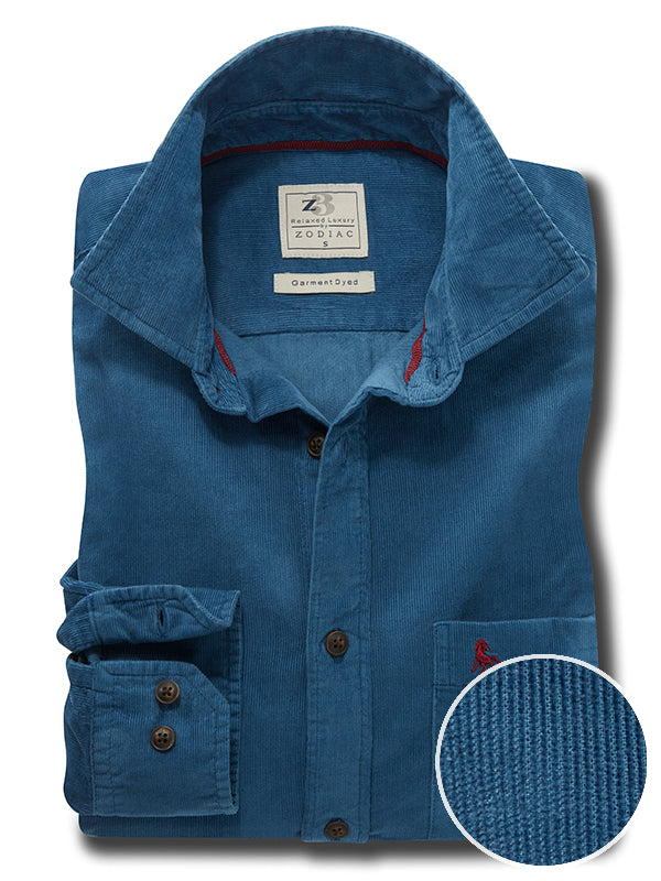 Zermatt Corduroy Garment Dyed Teal Full Sleeve Tailored Fit Casual Cotton Shirt