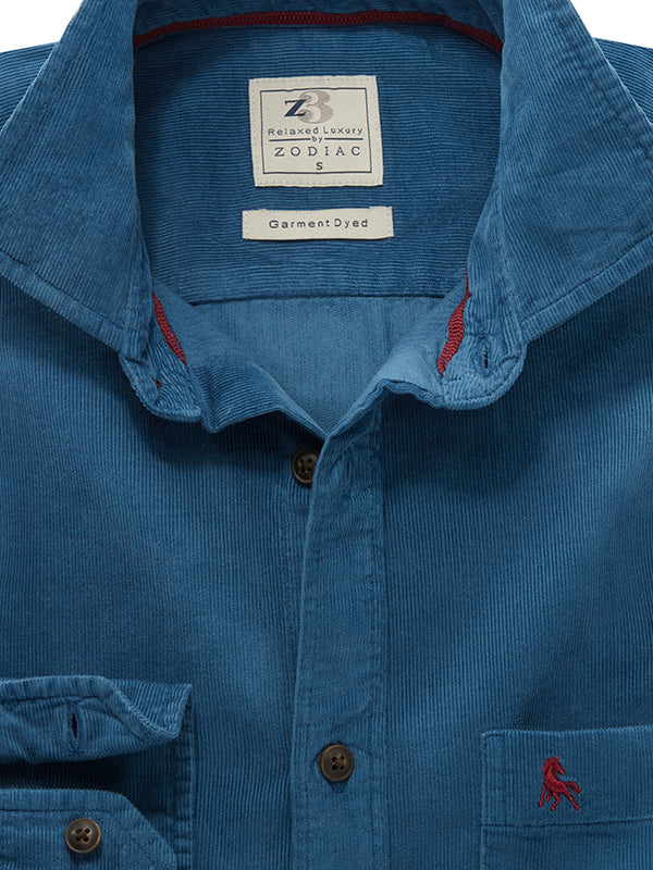 Zermatt Corduroy Garment Dyed Teal Full Sleeve Tailored Fit Casual Cotton Shirt